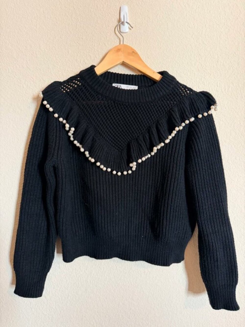 Zara Black Pearl Embellished Knit Sweater Size L